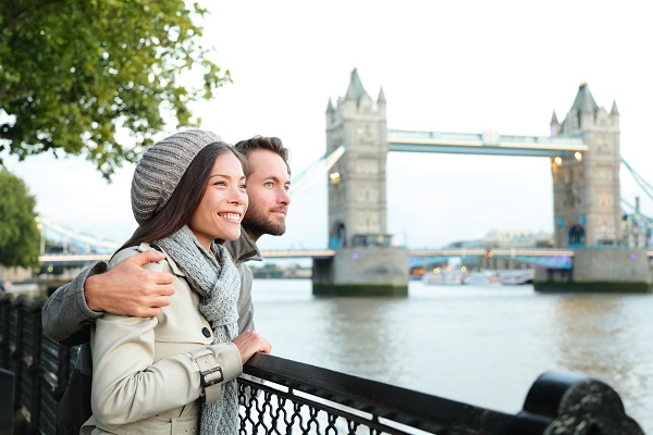 Happy couple by Tower Bridge, River Thames, London